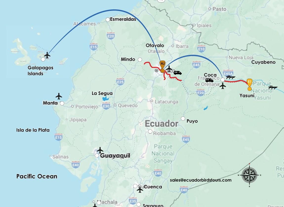 9 days birding map in ecuador